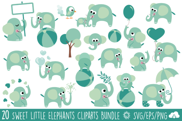 Cute Mint Green Elephant Clipart Bundle Graphics and Illustrations