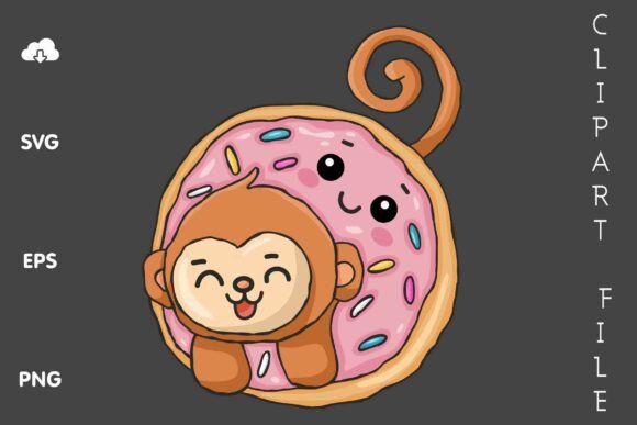 Cute Monkey in Pink Donut SVG Clipart Graphics and Illustrations