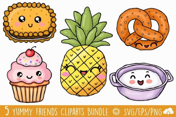 Kawaii Food Clipart Bundle - Cute Snacks Graphics and Illustrations
