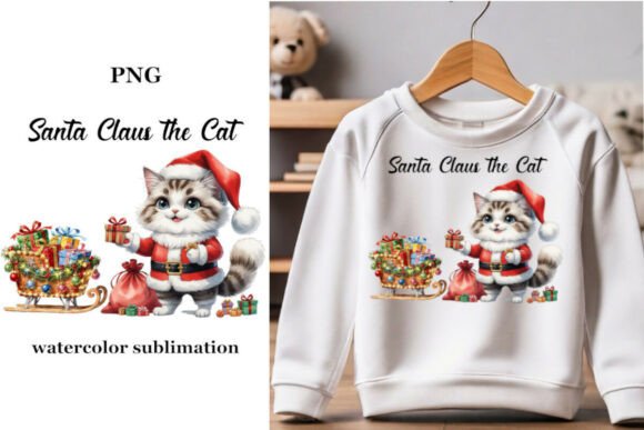 Santa Claus Cat Watercolor Sublimation Graphics and Illustrations